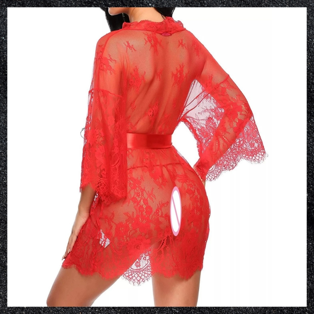 Red Sheer Floral Lace Robe - Picture 3 of 4